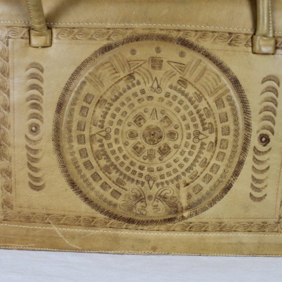 VTG AZTEC MEXICAN LEATHER FIESTA Purse Large Handtooled Tan Leather Shoulder Bag
